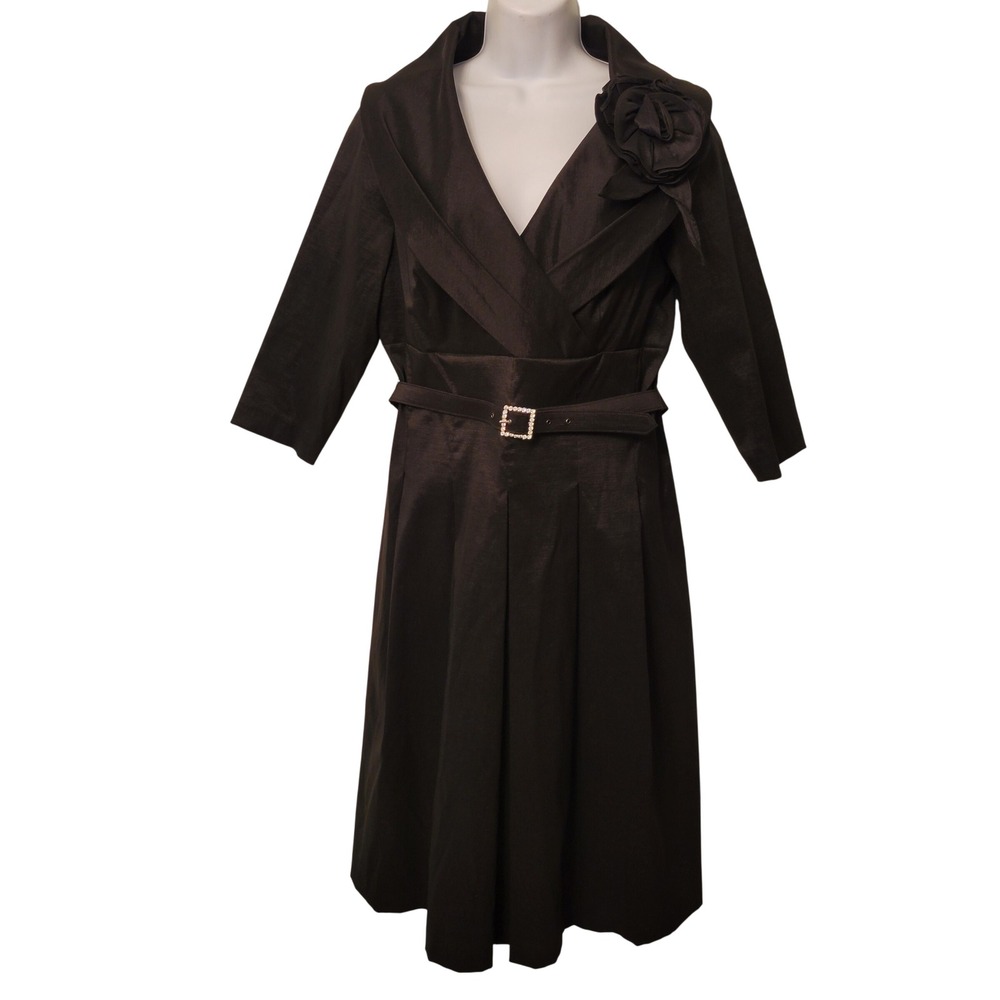 Jessica Howard Black‎ Belted Dress Flower Detail 14 Formal Glam Goth Coquette